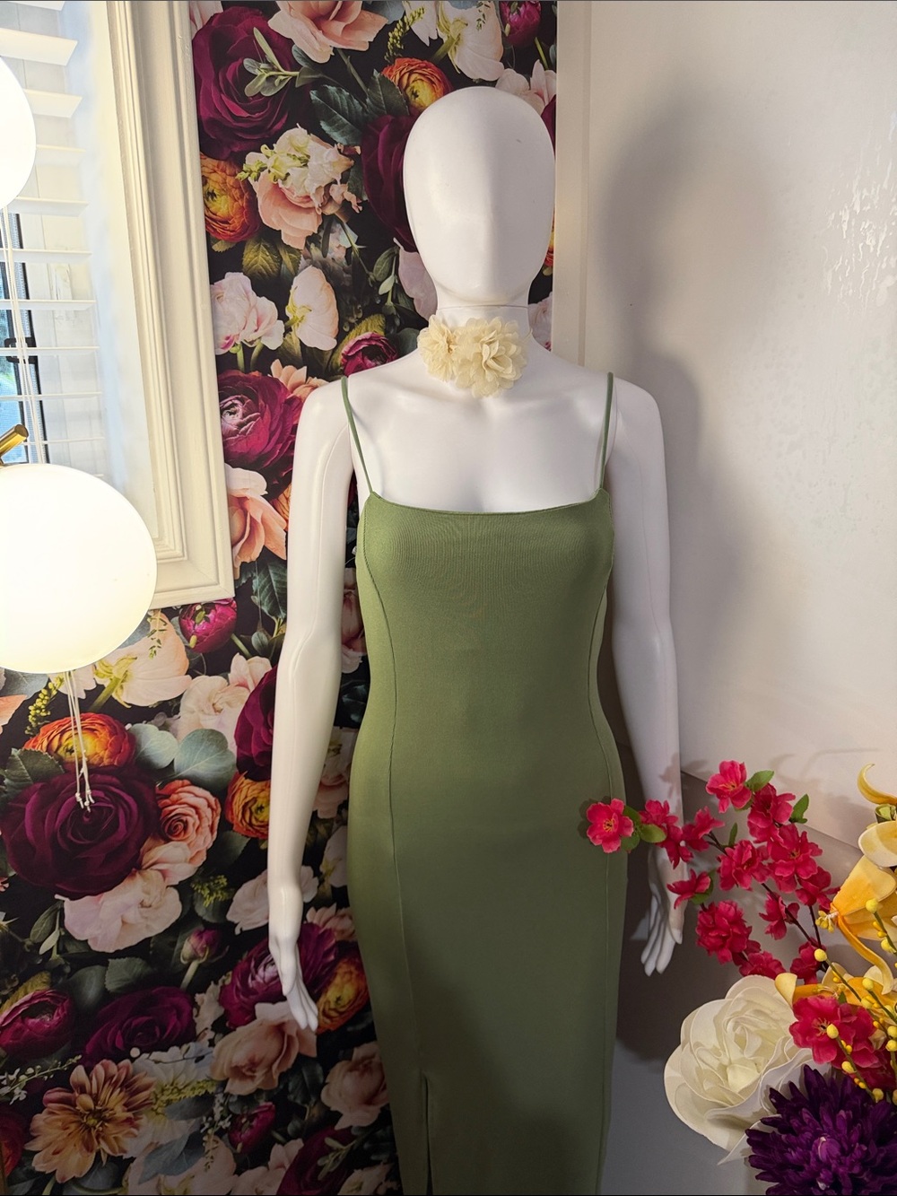 Heart & Hips Olive Green Spaghetti Strap Midi Dress with Subtle Slit